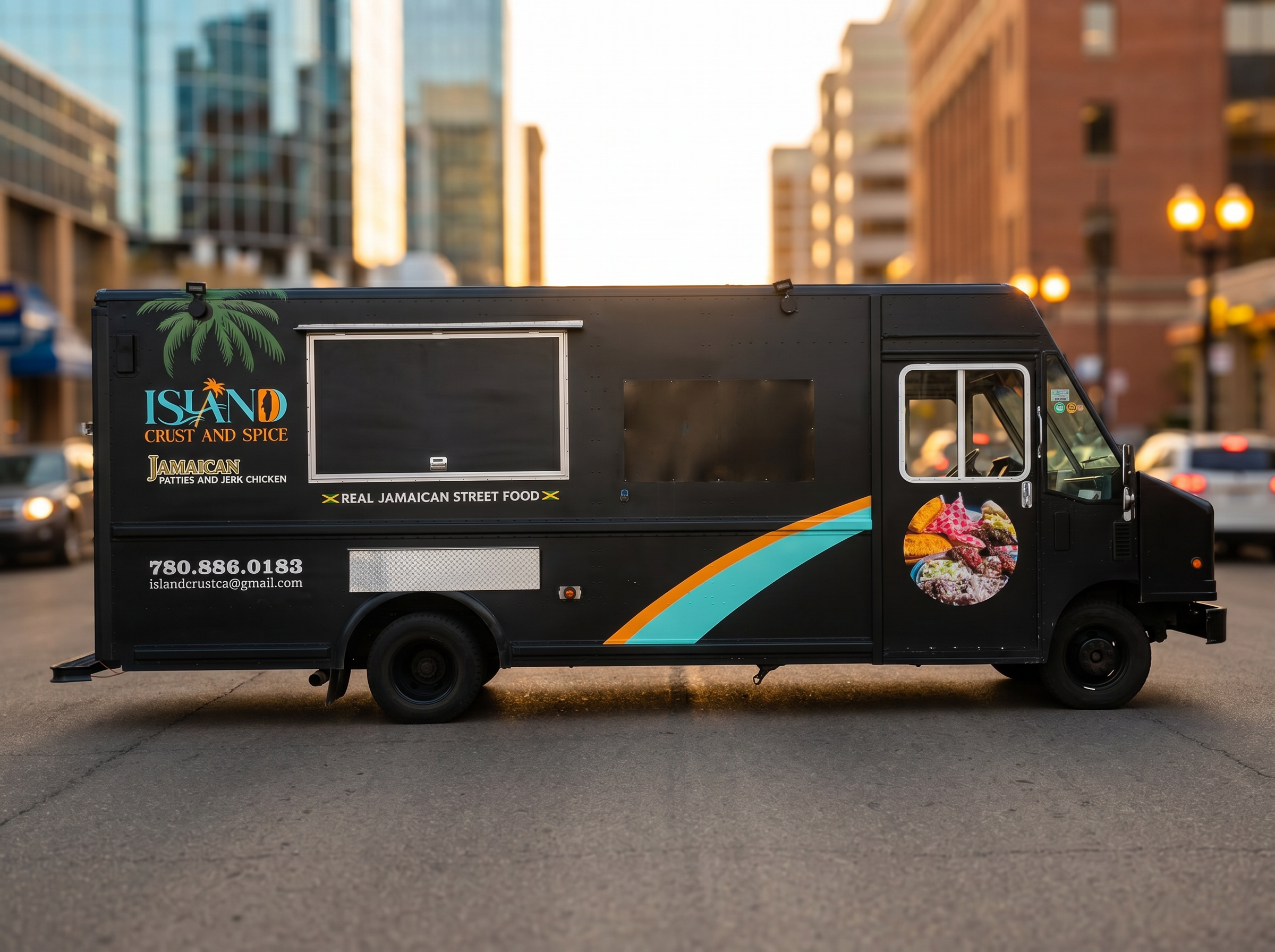 Island Crust & Spice food truck at sunset